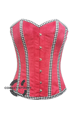 Red Velvet Check Stripes Gothic Burlesque Bustier Waist Training Overbust Plus Size Corset Costume