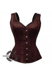 Brown Satin Shoulder Strap Gothic Burlesque Bustier Waist Training Overbust Plus Size Corset Costume