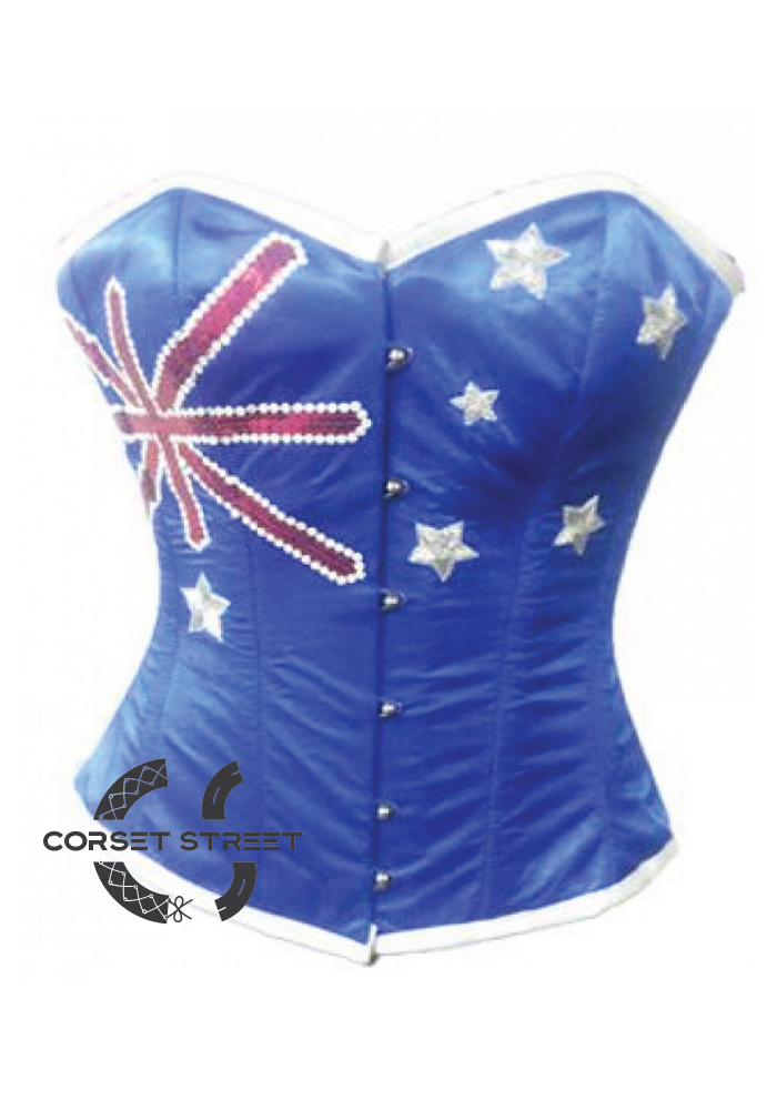 Blue Satin Australia Flag Sequins Handwork Gothic Burlesque Bustier Waist Training Overbust Plus Size Corset Costume