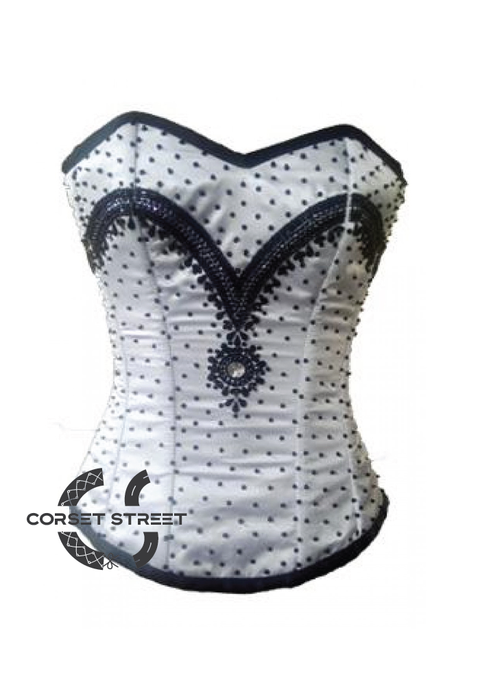 White Satin Black Sequins Gothic Burlesque Bustier Waist Training Overbust Plus Size Corset Costume