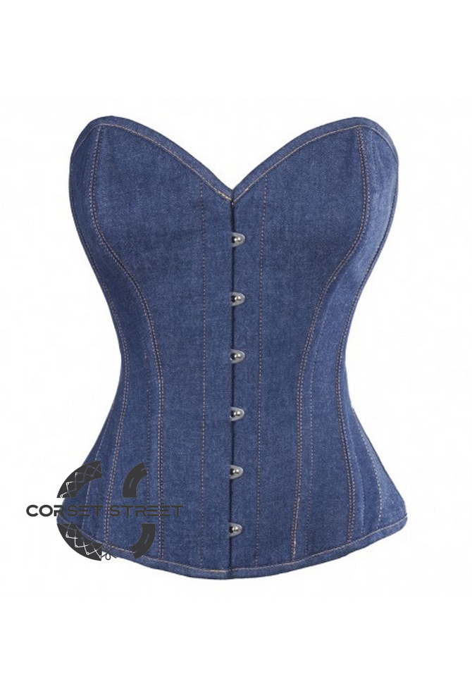Blue Denim Gothic Steampunk Bustier Waist Training Costume Burlesque Plus Size Overbust Corset