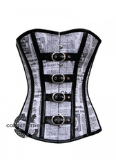 Black N White Newspaper Print Leather Straps Gothic Steampunk Bustier Waist Training Overbust Plus Size Corset Costume