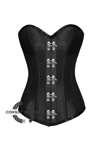 Black Satin Silver Seal Lock Gothic Steampunk Bustier Waist Training LONG Overbust Plus Size Corset Costume