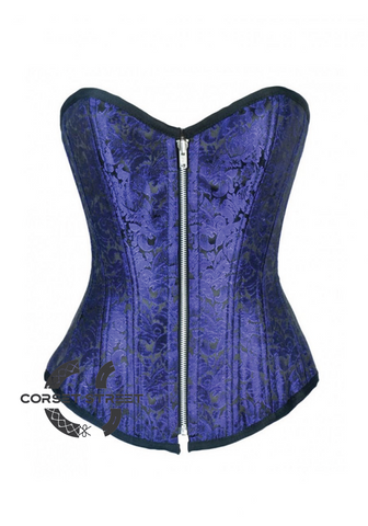 Blue Brocade Double Bone Gothic Burlesque Bustier Waist Training Overbust Plus Size Corset Costume