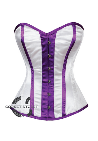 White Satin Purple Stripes Gothic Burlesque Bustier Waist Training Overbust Corset Costume