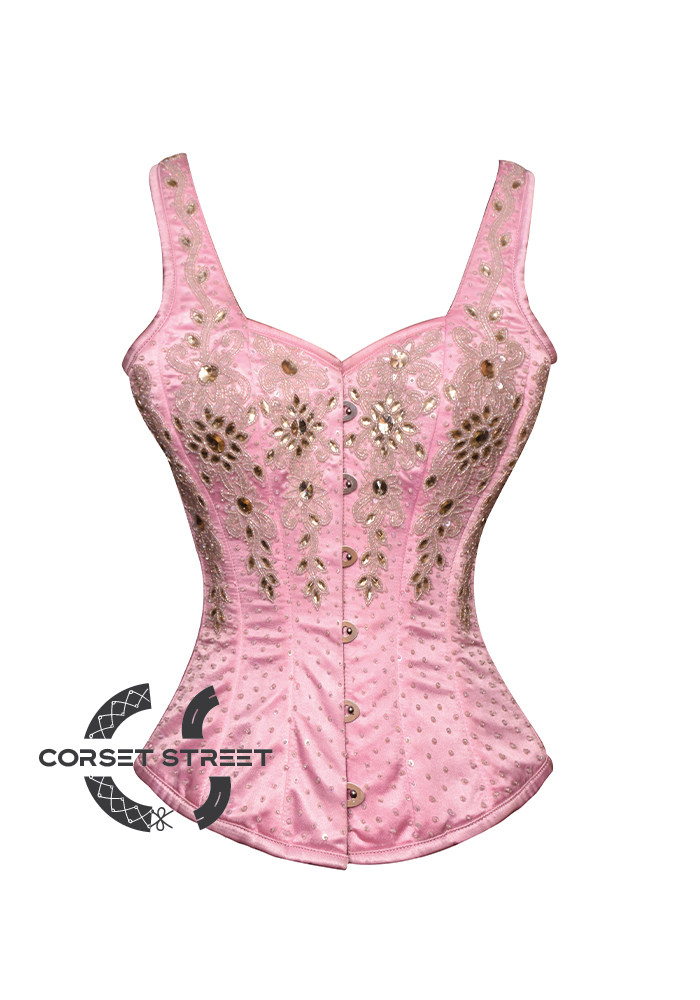 Silver Sequins Shoulder Straps Overbust Satin Pink Corset