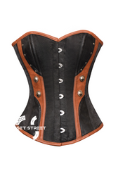 Black Satin Brown Leather Gothic Steampunk Bustier Waist Training Overbust Plus Size Corset Costume