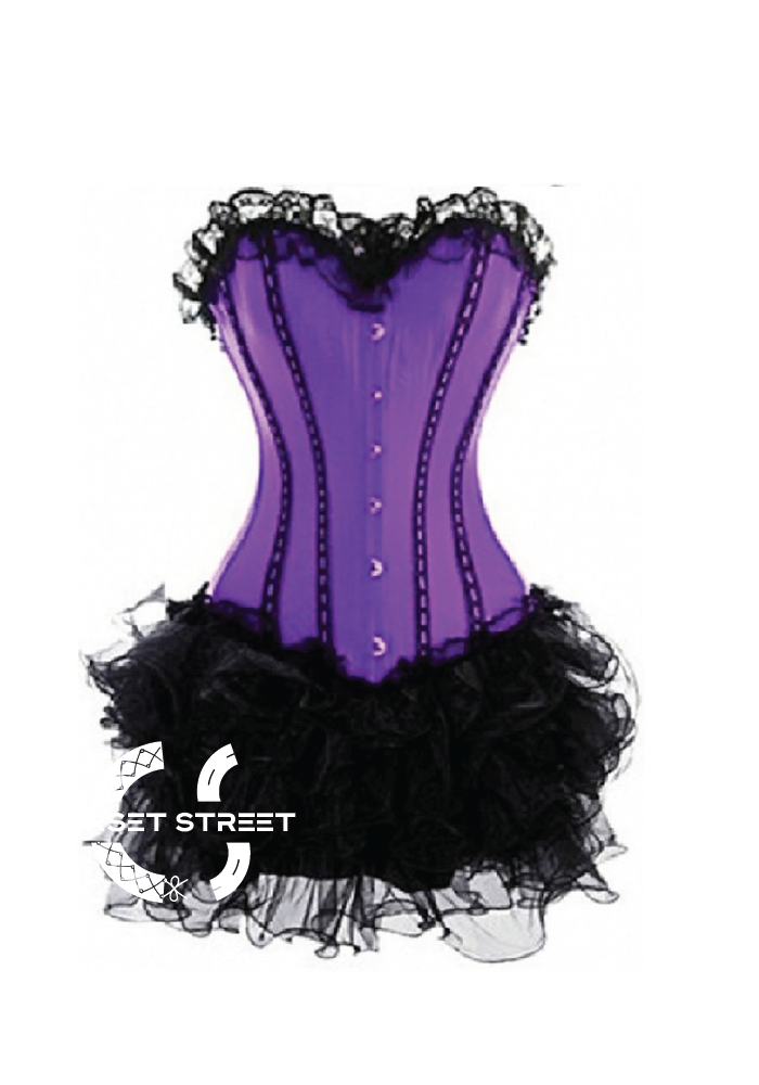 Purple Satin Black Tissue Tutu Skirt Gothic Burlesque Bustier Waist Training Costume Overbust Plus Size Corset Dress