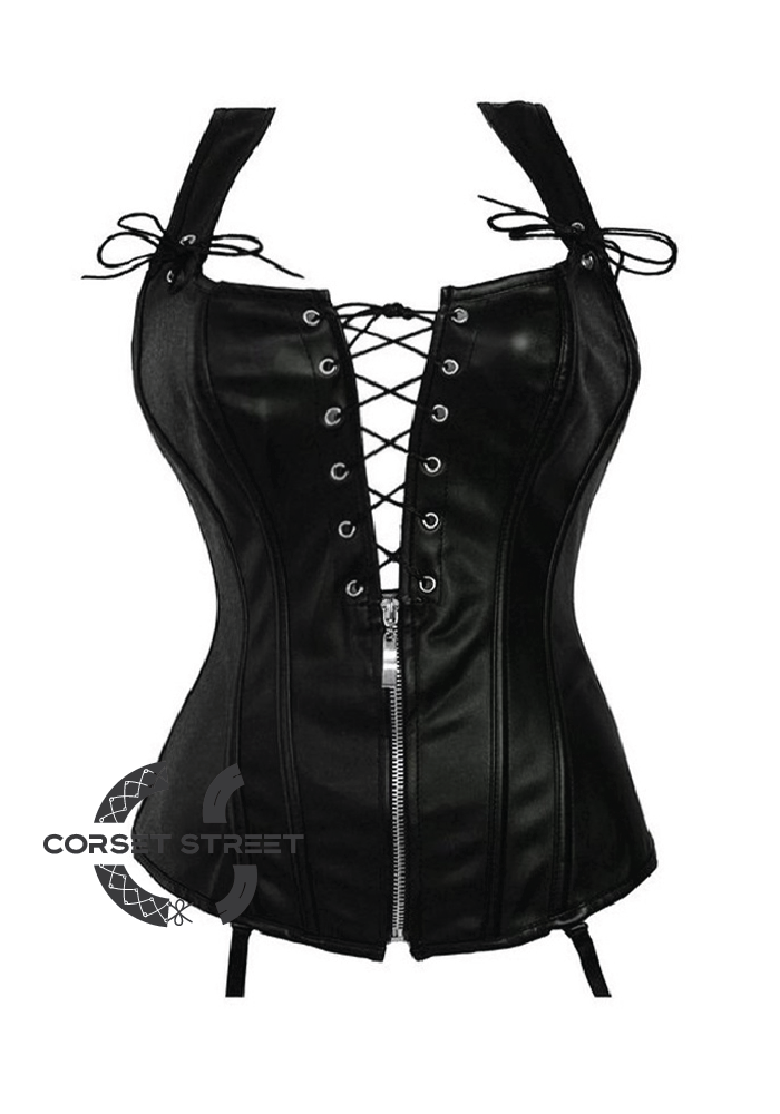 Black Faux Leather Zipper N Lacing Gothic Steampunk Waist Training Overbust Corset Costume