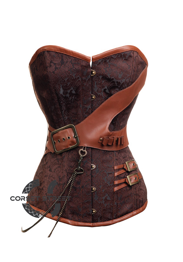 Brown Brocade Leather Buckles Chain Gothic Steampunk Bustier Period Costume Waist Training Overbust Plus Size Corset Top