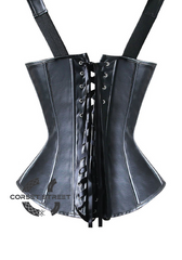 Black Faux Leather Zipper N Buckles Shoulder Strap Gothic Steampunk Waist Training Overbust Plus Size Corset Costume