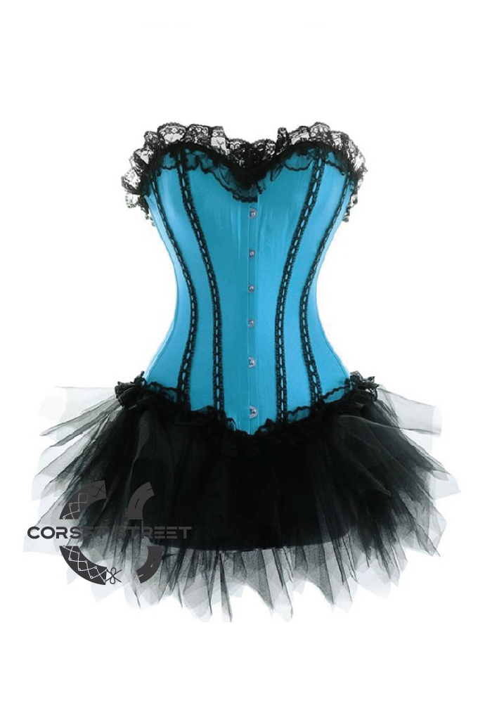 Blue Satin Black Net Tutu Skirt Gothic Burlesque Bustier Waist Training Costume Overbust Corset Dress