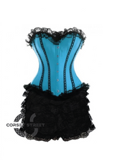 Blue Satin Black Frill Tutu Skirt Gothic Burlesque Bustier Waist Training Costume Overbust Plus Size Corset Dress