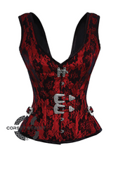 Red Satin Net Covered Shoulder Strap Gothic Burlesque Bustier Waist Training Overbust Plus Size Corset Costume