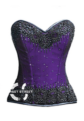 Purple Satin Black Handmade Sequins Gothic Burlesque Bustier Waist Training Overbust Plus Size Corset Costume