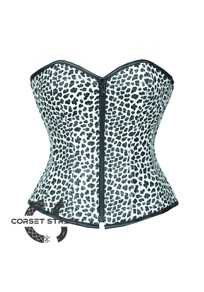 Leopard Print White Faux Leather Gothic Steampunk Waist Training Overbust Corset Costume