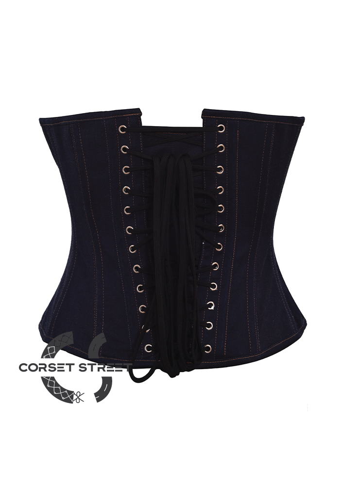 Front Zipper Gothic Steampunk Costume Waist Training Overbust Blue Denim Corset