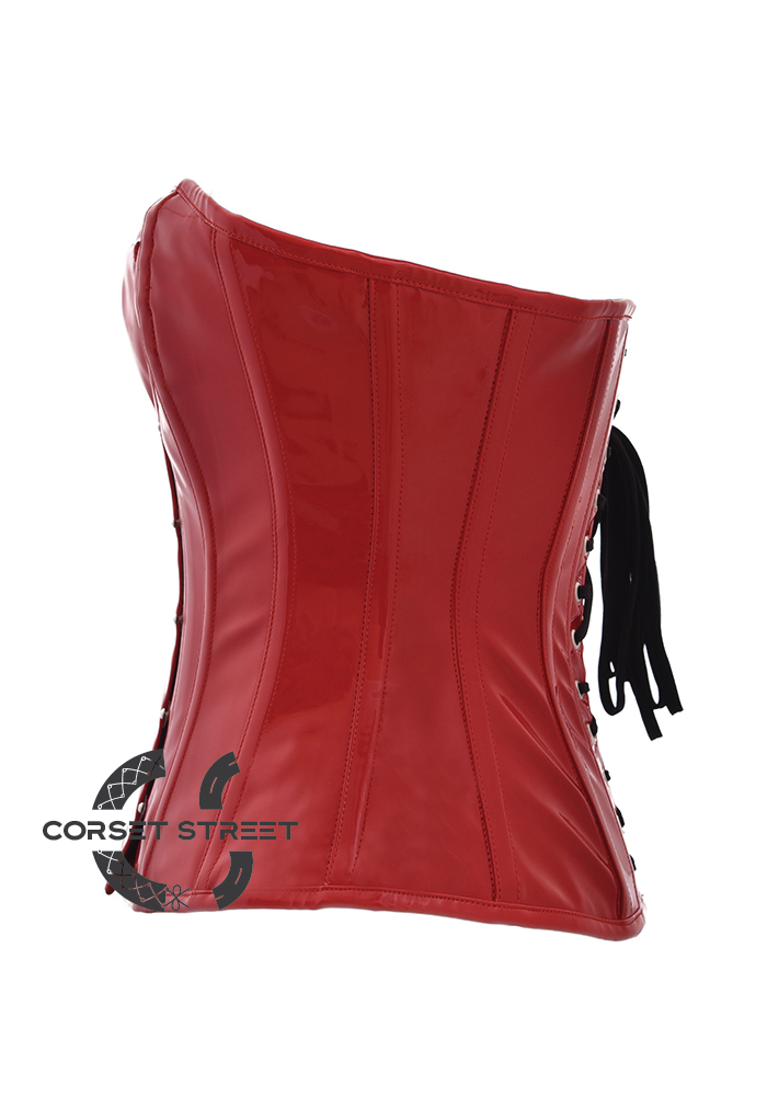 Sexy Red PVC Faux Leather Gothic Steampunk Bustier Waist Training Overbust Corset Costume