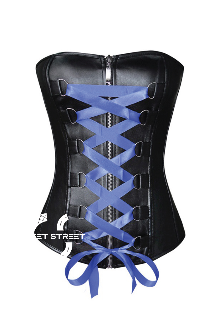 Black Faux Leather Blue Satin Lace Gothic Steampunk Waist Training Bustier Overbust Corset Costume