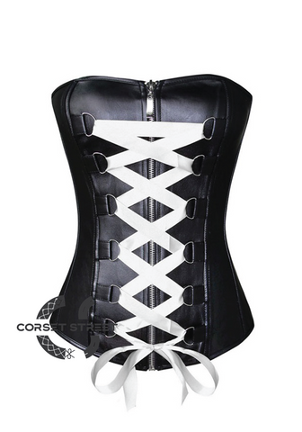 Black Faux Leather White Satin Lace Gothic Steampunk Waist Training Bustier Overbust Corset Costume