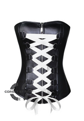 Black Faux Leather White Satin Lace Gothic Steampunk Waist Training Bustier Overbust Plus Size  Corset Costume