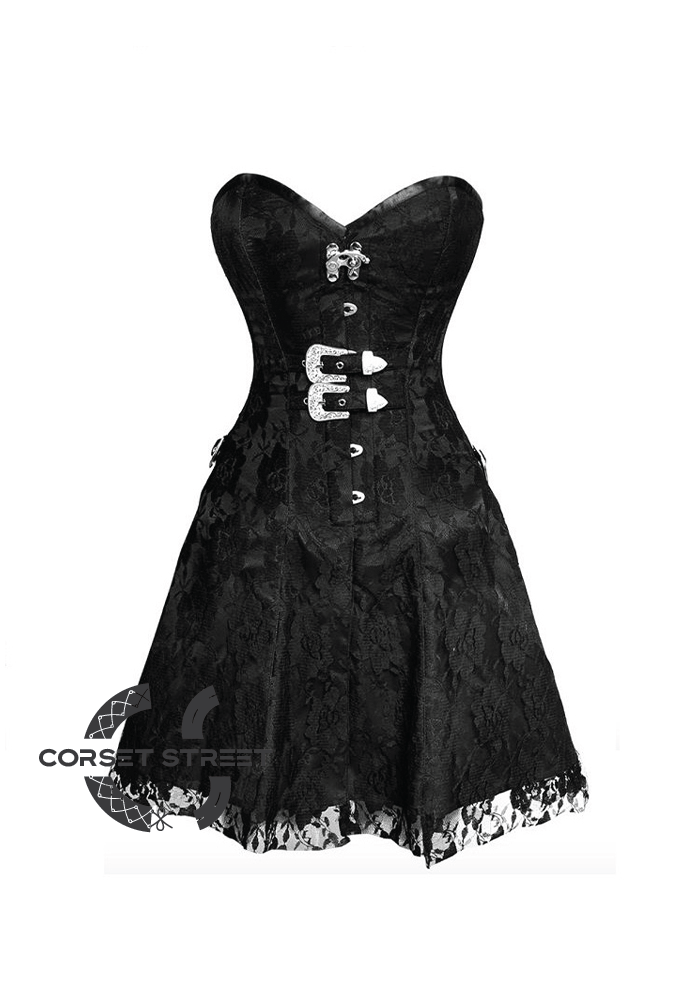 Black Satin & Net Overlay Gothic Burlesque Overbust Plus Size Corset Dress