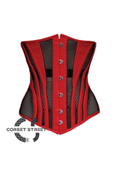 Red Satin Black Net Gothic Burlesque Waist Training Bustier LONG Underbust Sheer Plus Size Corset Costume
