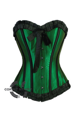 Green Satin Black Frill Retro Burlesque Waist Training Bustier Overbust Corset Costume