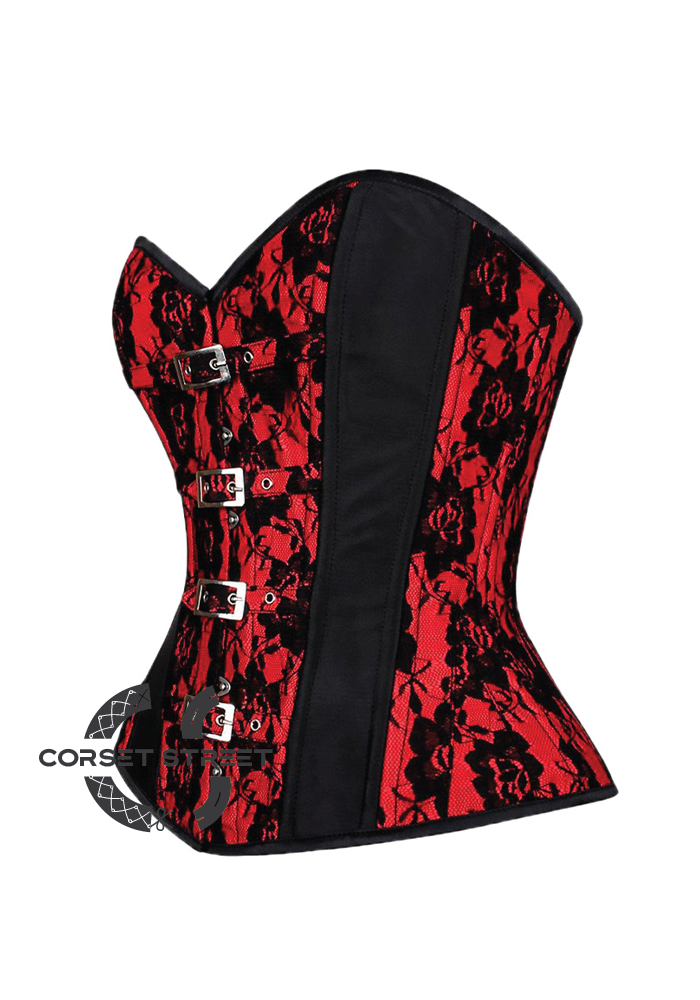Red Black Satin Net Gothic Burlesque Waist Training Bustier Overbust Corset Costume