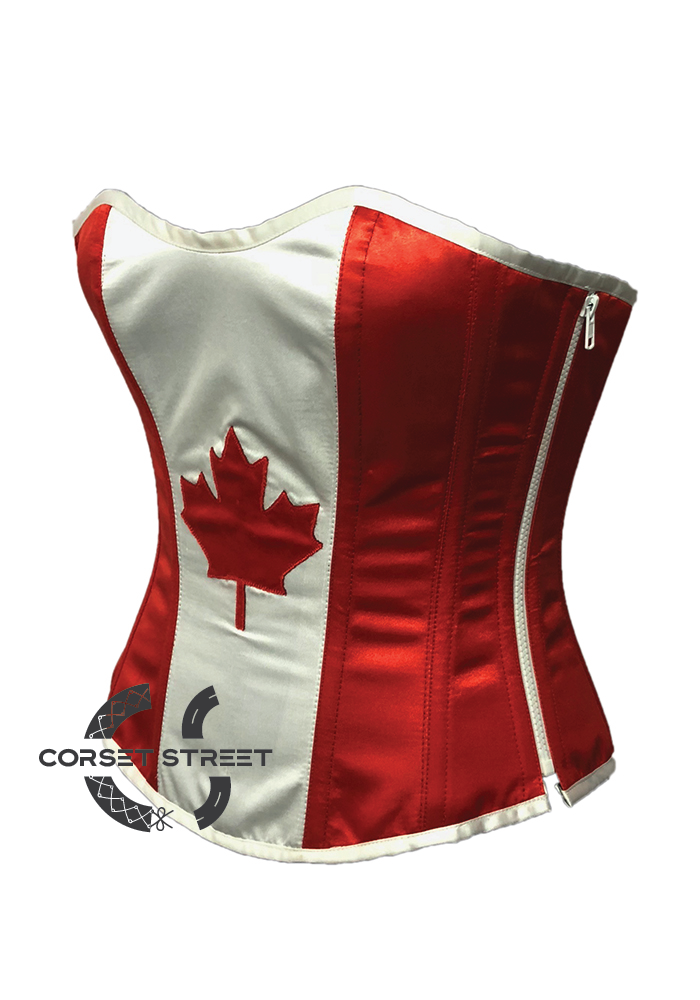 Red White Satin Canada Flag Handwork Gothic Burlesque Bustier Waist Training Overbust Plus Size Corset Costume