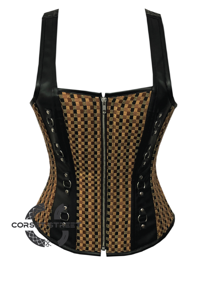 Cotton Jute & Black Leather Shoulder Strap Gothic Steampunk Waist Training Bustier Overbust Plus Size Corset Top
