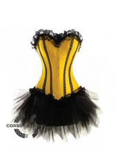 Yellow Satin Black Net Gothic Burlesque Bustier Waist Training Costume Overbust Corset Dress