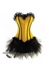 Yellow Satin Black Net Gothic Burlesque Bustier Waist Training Costume Overbust Plus Size  Corset Dress