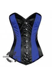 Blue Black Satin Gothic Burlesque Waist Training Bustier LONG Overbust Plus Size Corset Costume