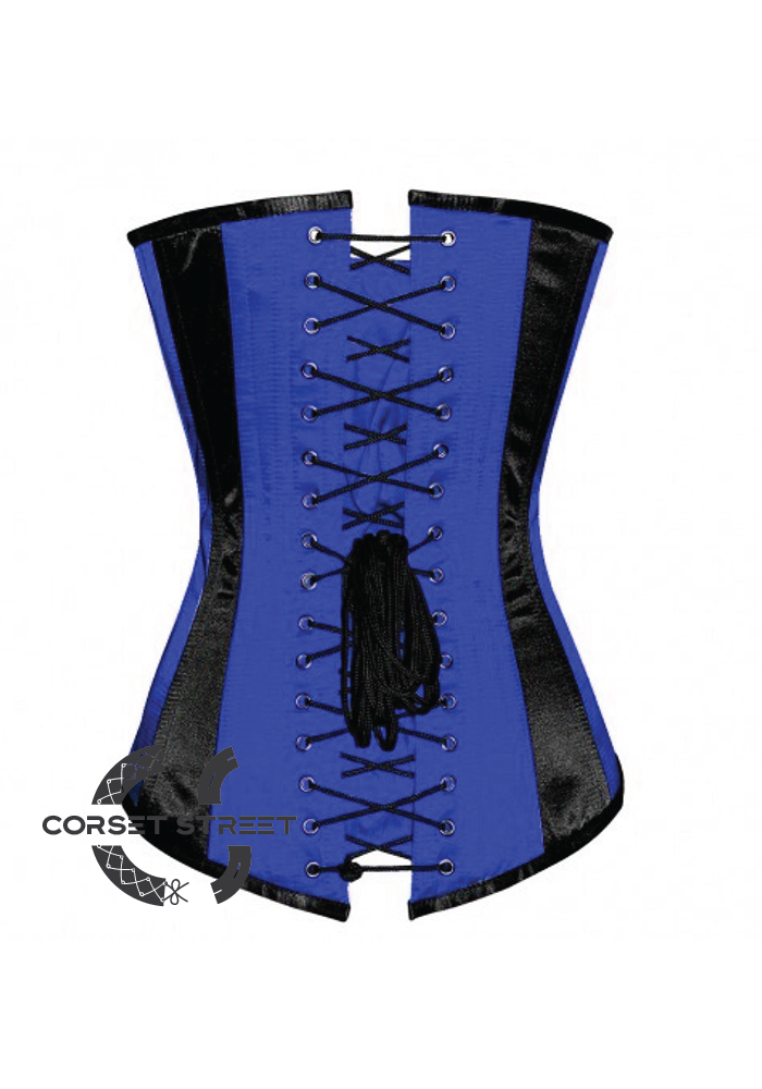 Blue Black Satin Gothic Burlesque Waist Training Bustier LONG Overbust Plus Size Corset Costume