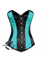 Baby Blue & Black Satin Gothic Burlesque Waist Training Bustier LONG Overbust Plus Size Corset Costume