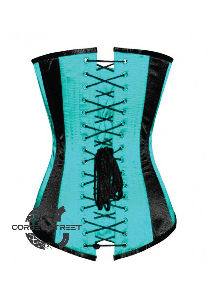 Baby Blue & Black Satin Gothic Burlesque Waist Training Bustier LONG Overbust Plus Size Corset Costume