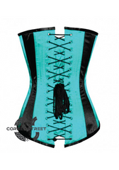 Baby Blue & Black Satin Gothic Burlesque Waist Training Bustier LONG Overbust Plus Size Corset Costume