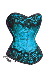 Baby Blue Satin Black Sequins Gothic Burlesque Bustier Waist Training Overbust Corset Costume