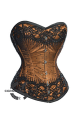 Brown Satin Black Sequins Gothic Burlesque Bustier Waist Training Overbust Corset Costume