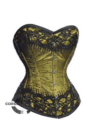 Olive Green Satin Black Sequins Gothic Burlesque Bustier Waist Training Overbust Corset Costume