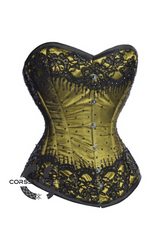 Olive Green Satin Black Sequins Gothic Burlesque Bustier Waist Training Overbust Plus Size Corset Costume