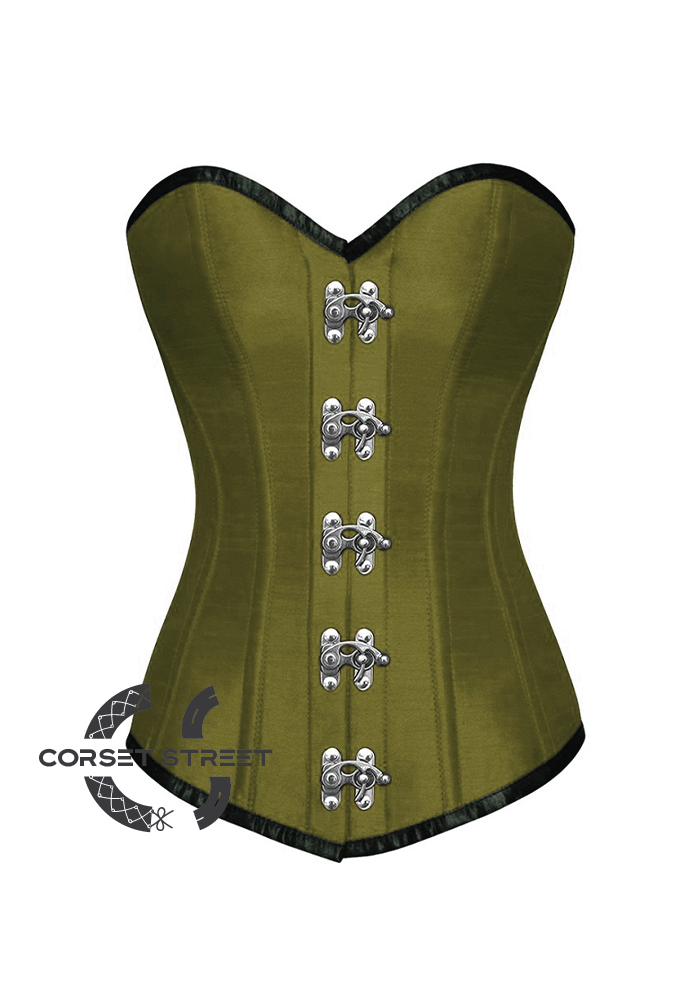 Olive Green Satin Seal Lock Gothic Steampunk Bustier Waist Training LONG Overbust Plus Size Corset Costume