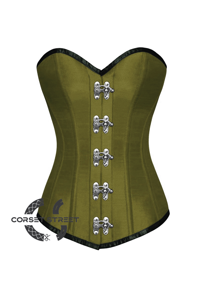 Olive Green Satin Seal Lock Gothic Steampunk Bustier Waist Training LONG Overbust Corset Costume