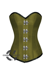 Olive Green Satin Seal Lock Gothic Steampunk Bustier Waist Training LONG Overbust Corset Costume