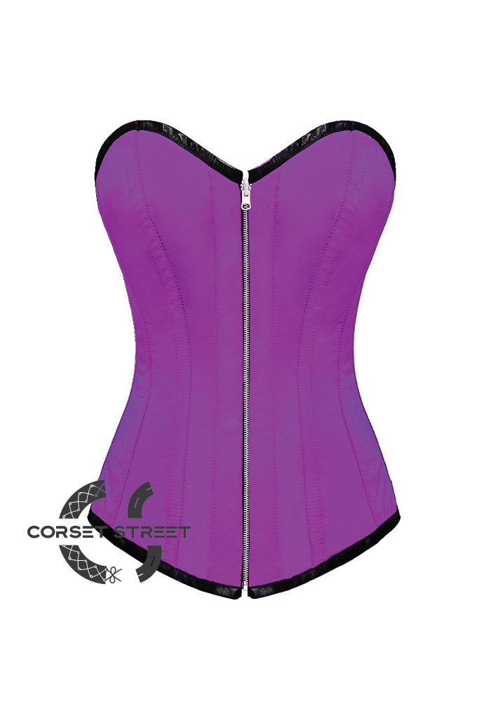 Purple Satin Gothic Burlesque Bustier Waist Training LONG Overbust Plus Size Corset Costume