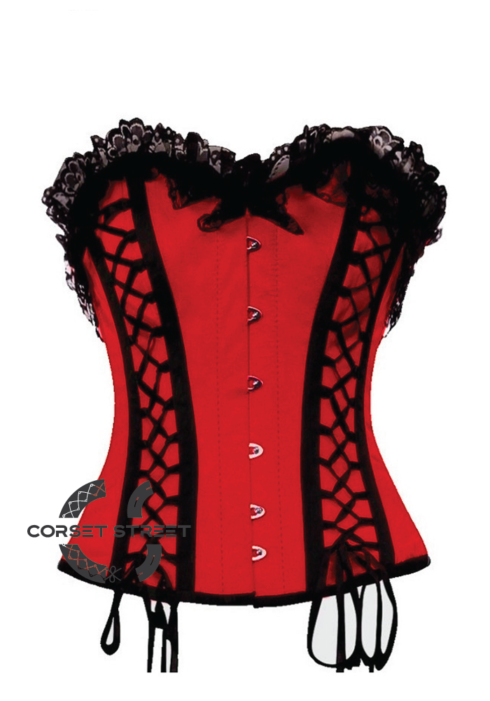 Red Satin Black Lacing Gothic Burlesque Bustier Waist Training Overbust Corset Costume