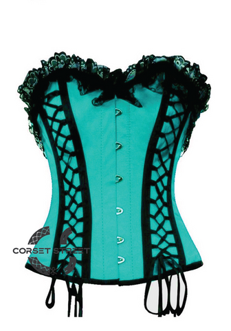 Baby Blue Satin Black Lacing Gothic Burlesque Bustier Waist Training Overbust Corset Costume