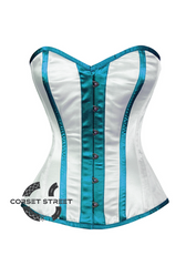 White Satin Baby Blue Stripes Gothic Burlesque Bustier Waist Training Overbust Corset Costume