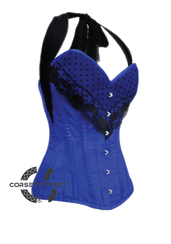 Blue Satin Black Net Halter Neck Gothic Burlesque Bustier Waist Training LONG Overbust Plus Size  Corset Costume